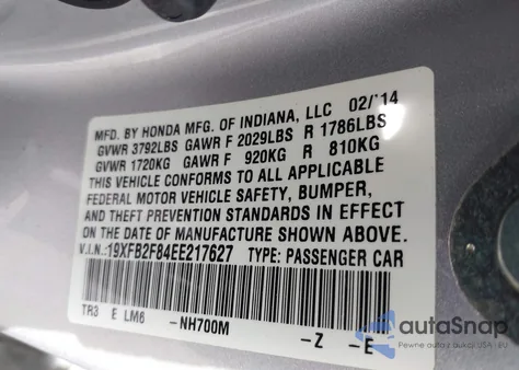 2014 Honda Civic Ex z USA, uszkodzony, nr VIN 19XFB2F84EE217627